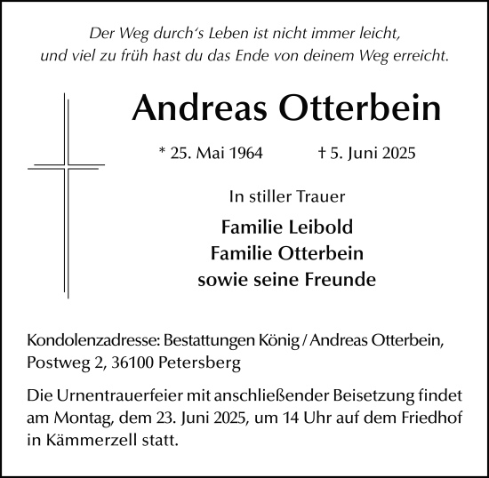 Traueranzeige von Andreas Otterbein von FZ