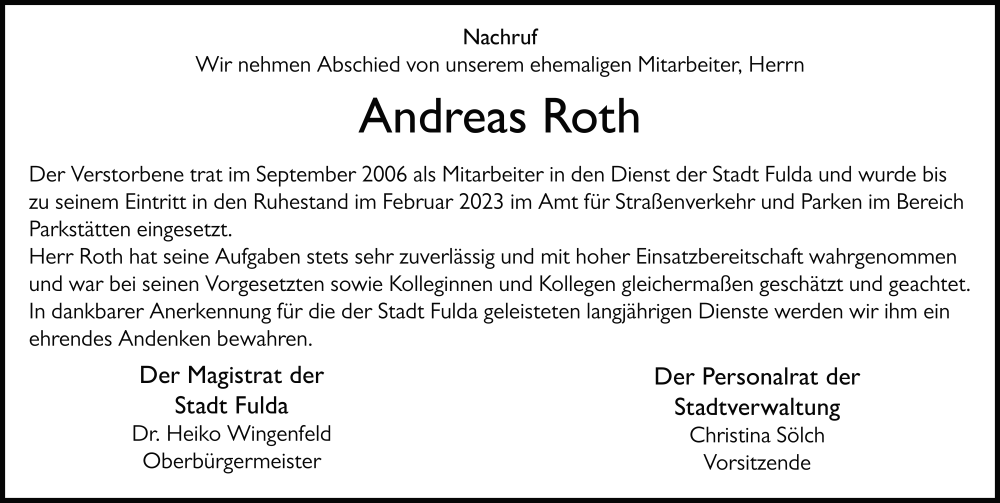  Traueranzeige für Andreas Roth vom 18.06.2025 aus FZ