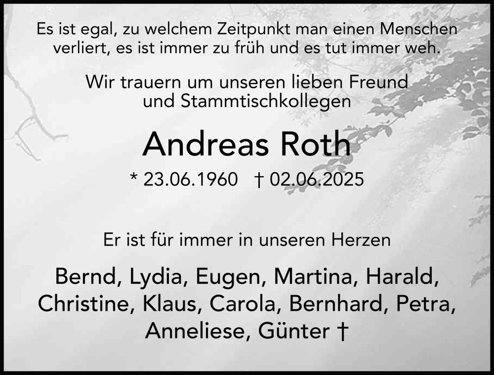  Traueranzeige für Andreas Roth vom 18.06.2025 aus FZ