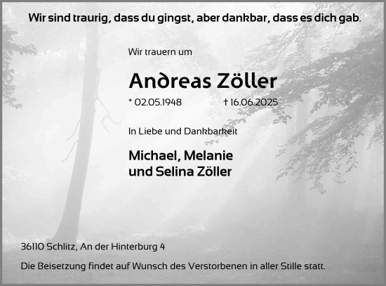 Traueranzeige von Andreas Zöller von FZ