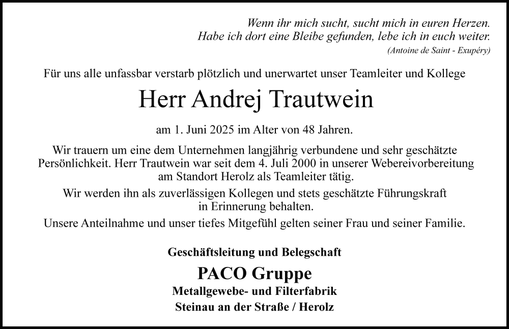  Traueranzeige für Andrej Trautwein vom 14.06.2025 aus FZ