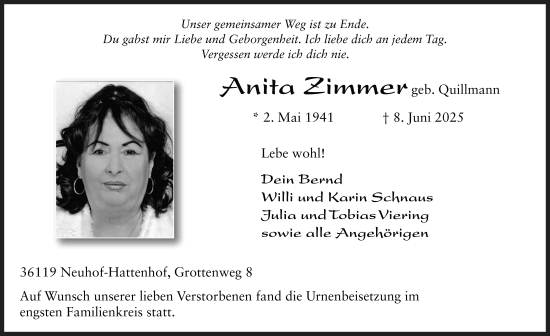 Traueranzeige von Anita Zimmer von FZ