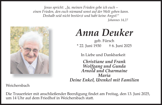 Traueranzeige von Anna Deuker von FZ