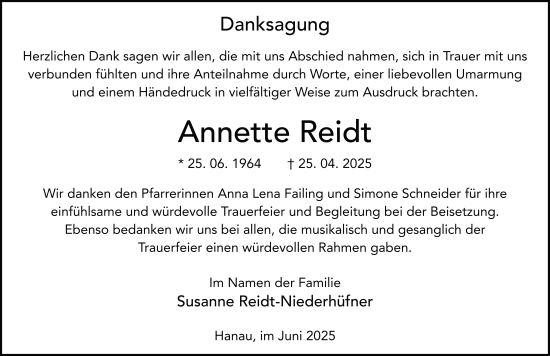 Traueranzeige von Annette Reidt von FZ