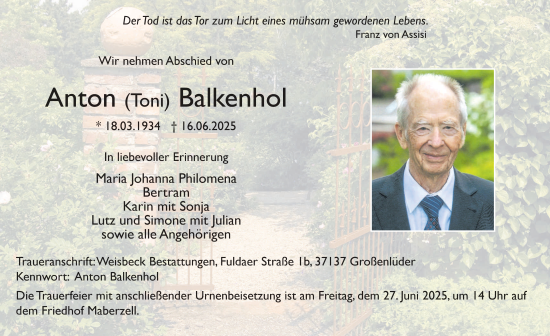 Traueranzeige von Anton Balkenhof von FZ