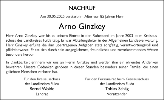 Traueranzeige von Arno Ginzkey von FZ