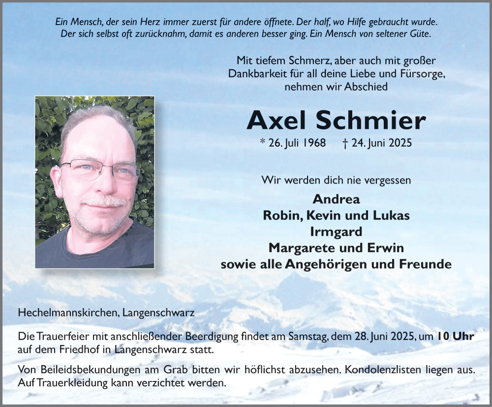  Traueranzeige für Axel Schmier vom 27.06.2025 aus FZ