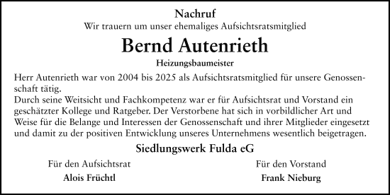 Traueranzeige von Bernd Autenrieth von FZ