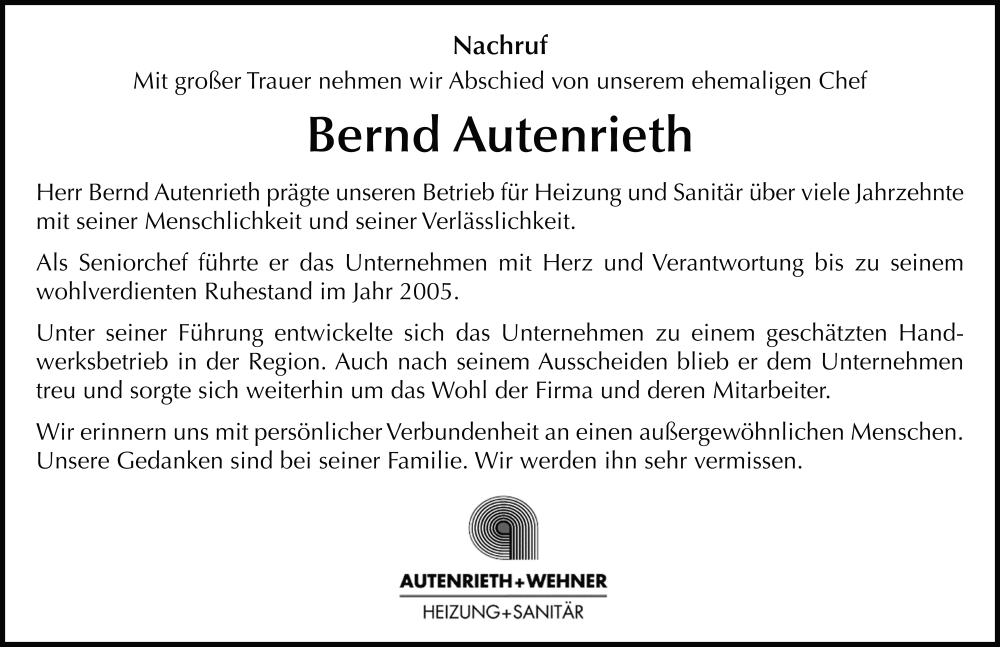  Traueranzeige für Bernd Autenrieth vom 28.06.2025 aus FZ
