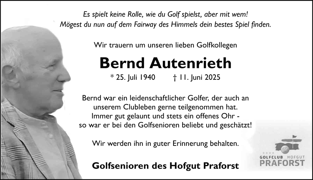  Traueranzeige für Bernd Autenrieth vom 21.06.2025 aus FZ