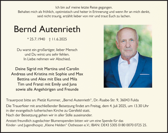 Traueranzeige von Bernd Autenrieth von FZ