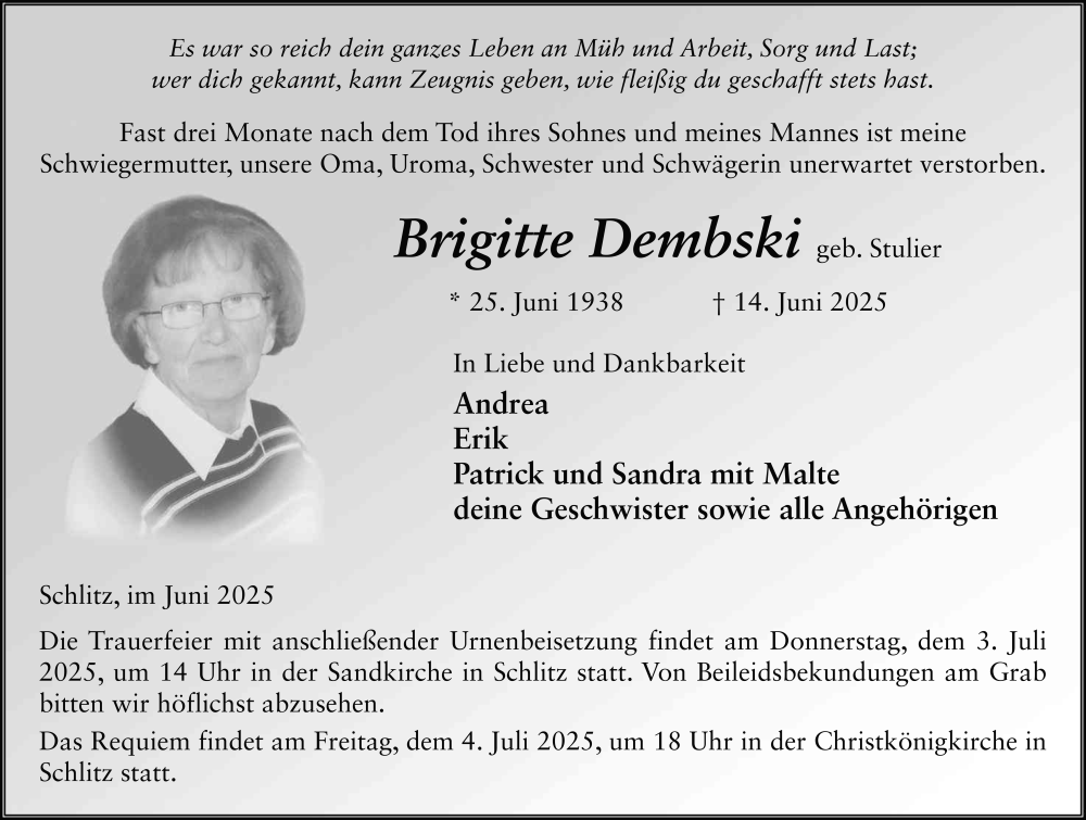  Traueranzeige für Brigitte Dembski vom 28.06.2025 aus FZ