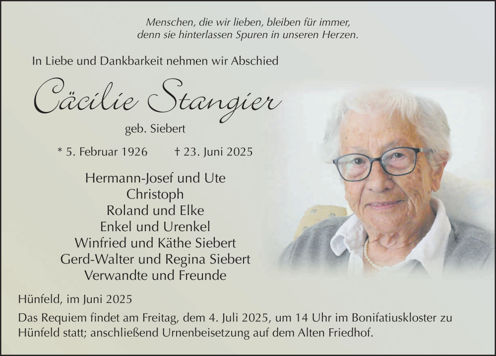  Traueranzeige für Cäcilie Stangier vom 30.06.2025 aus FZ