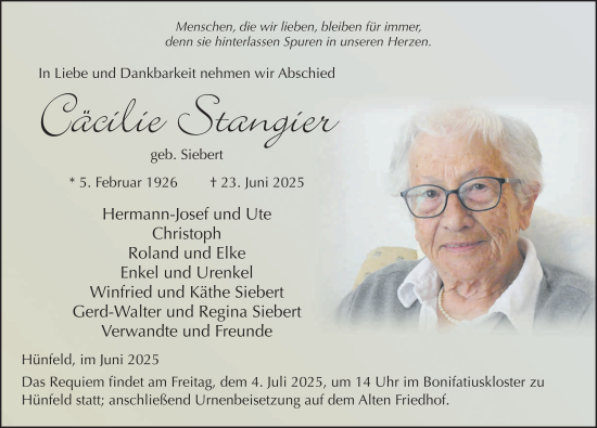 Traueranzeige von Cäcilie Stangier von FZ