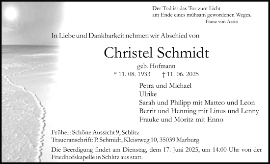 Traueranzeige von Christel Schmidt von FZ