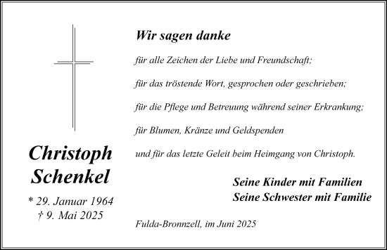 Traueranzeige von Christoph Schenkel von FZ