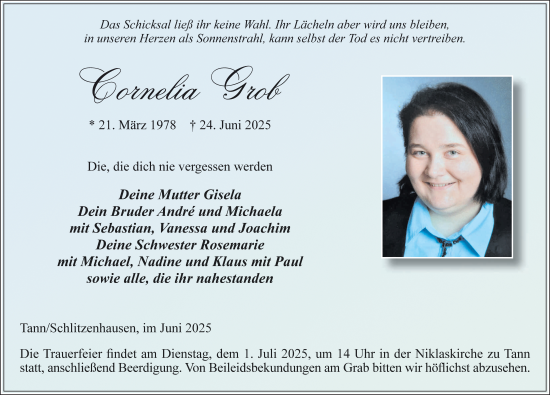 Traueranzeige von Cornelia Grob von FZ