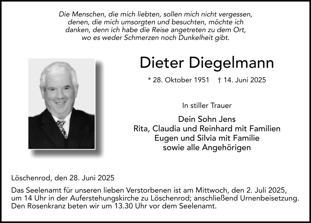  Traueranzeige für Dieter Diegelmann vom 28.06.2025 aus FZ