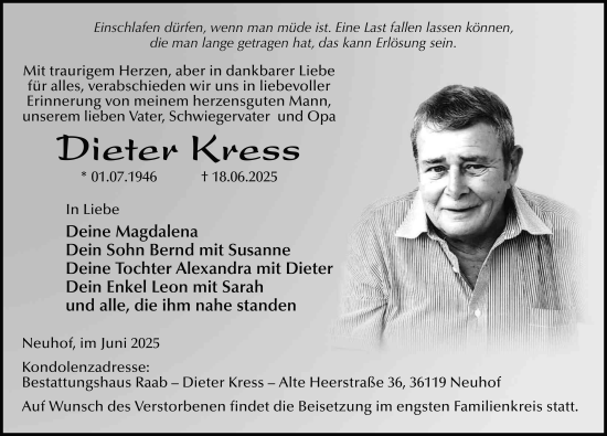 Traueranzeige von Dieter Kress von FZ