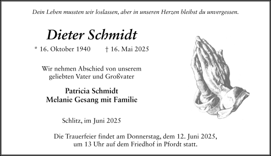 Traueranzeige von Dieter Schmidt von FZ