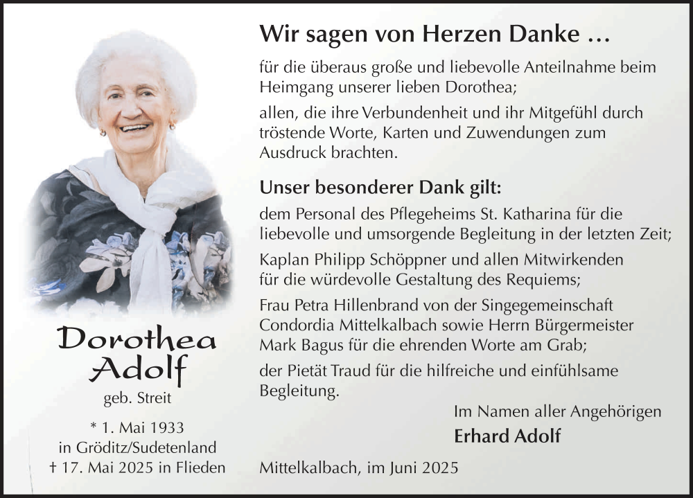  Traueranzeige für Dorothea Adolf vom 27.06.2025 aus FZ
