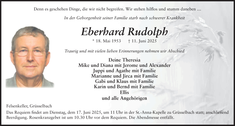  Traueranzeige für Eberhard Rudolph vom 14.06.2025 aus FZ