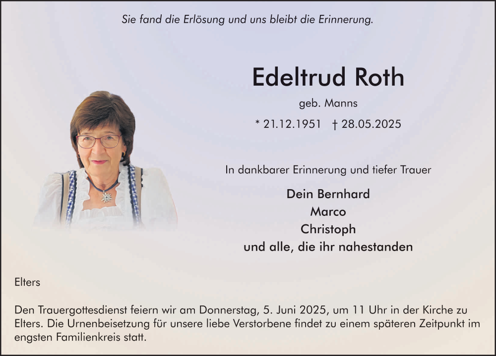  Traueranzeige für Edeltrud Roth vom 04.06.2025 aus FZ