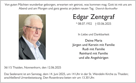 Traueranzeige von Edgar Zentgraf von FZ