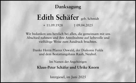 Traueranzeige von Edith Schäfer von FZ