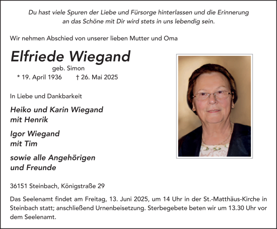 Traueranzeige von Elfriede Wiegand von FZ