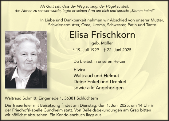 Traueranzeige von Elisa Frischkorn von FZ