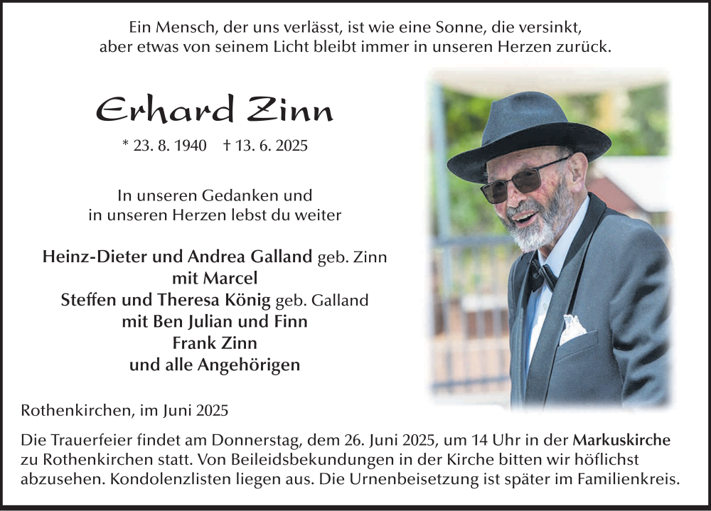  Traueranzeige für Erhard Zinn vom 21.06.2025 aus FZ