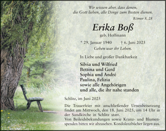 Traueranzeige von Erika Boß von FZ