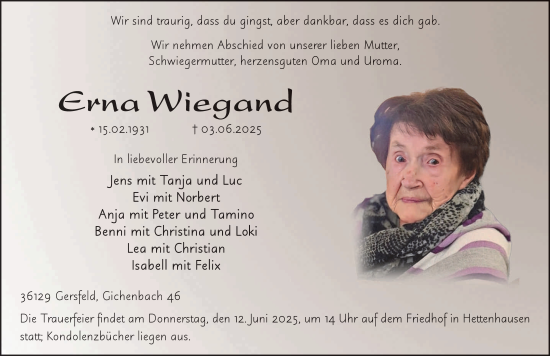 Traueranzeige von Erna Wiegand von FZ