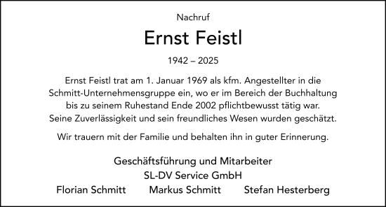 Traueranzeige von Ernst Feistl von FZ