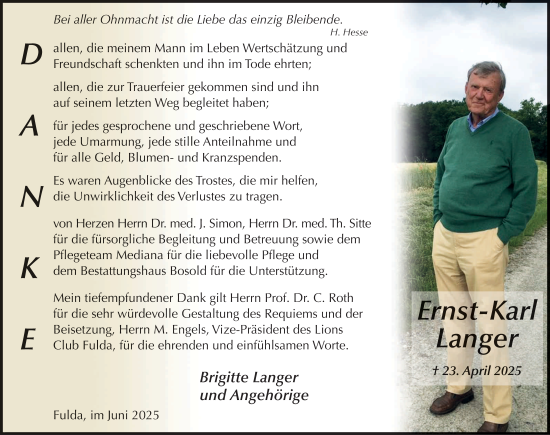 Traueranzeige von Ernst-Karl Langer von FZ