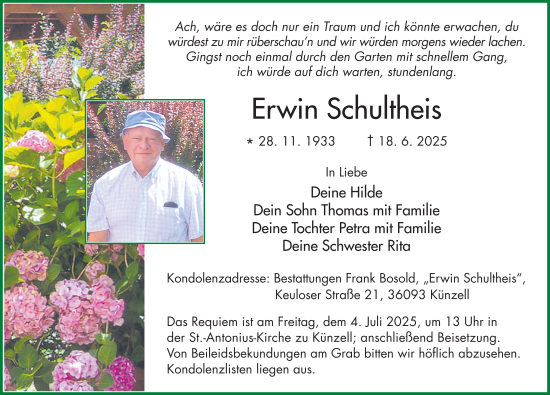 Traueranzeige von Erwin Schultheis von FZ