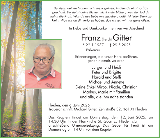 Traueranzeige von Franz Gitter von FZ