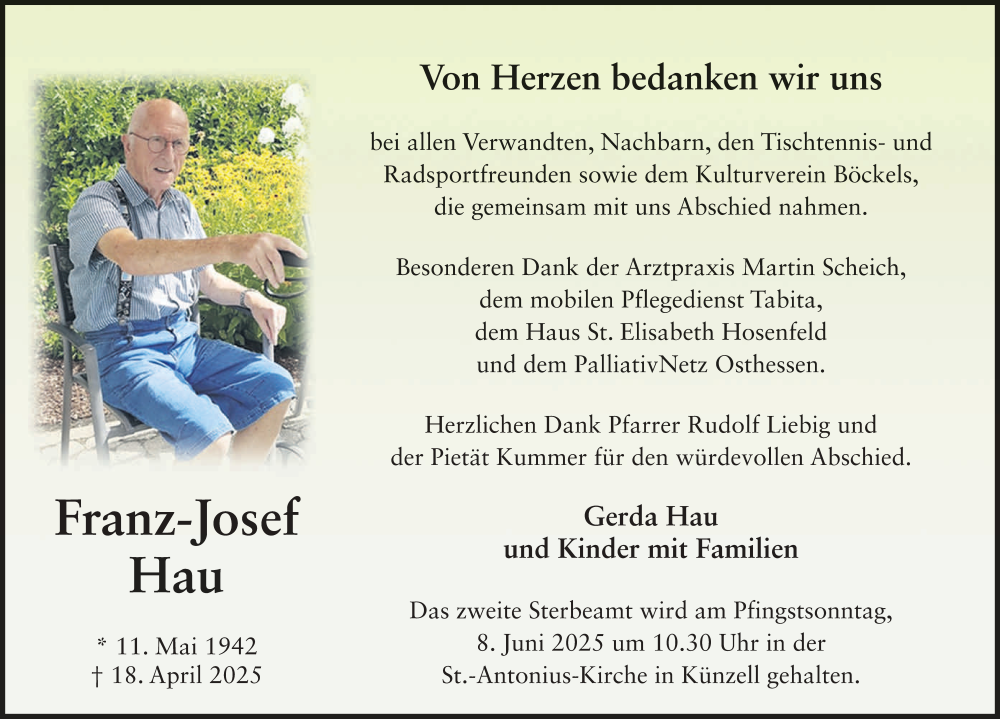  Traueranzeige für Franz-Josef Hau vom 06.06.2025 aus FZ