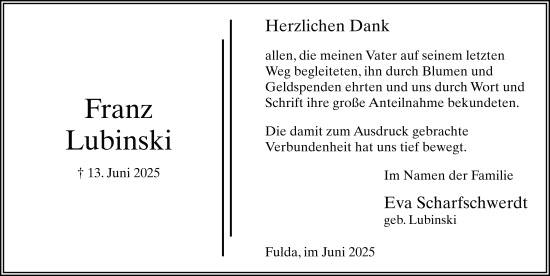 Traueranzeige von Franz Lubinski von FZ