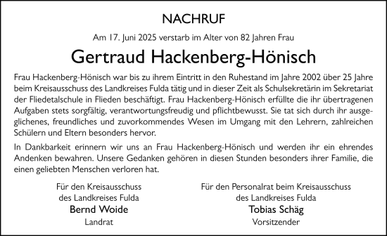 Traueranzeige von Gertraud Hackenberg-Hönisch von FZ