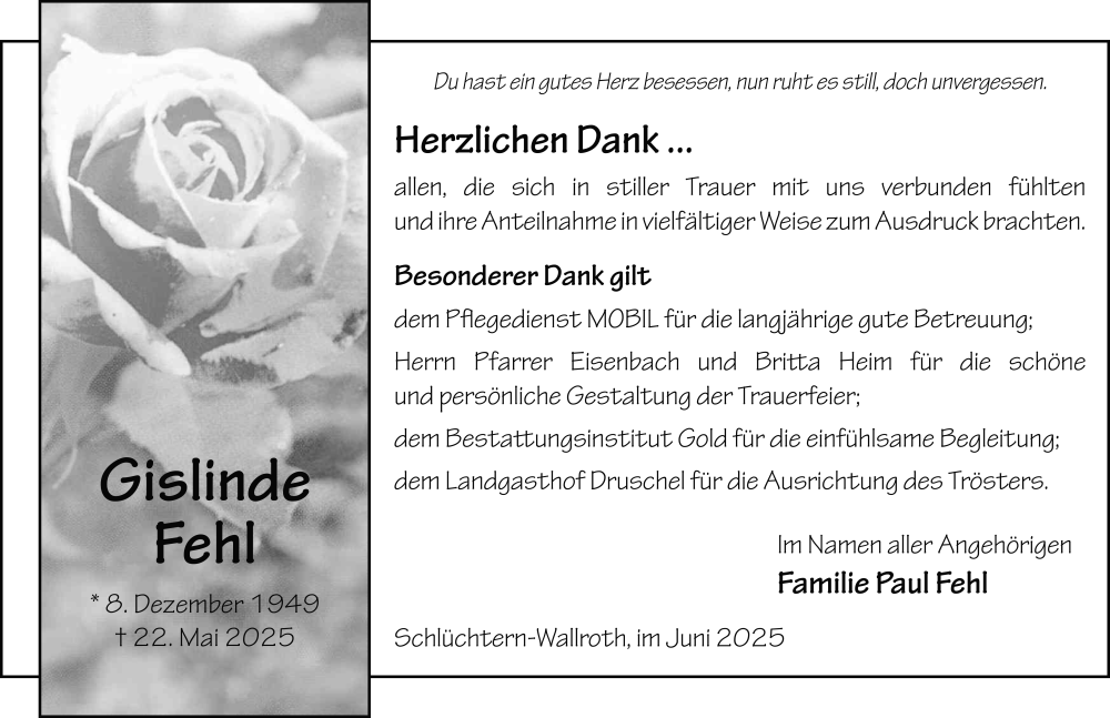  Traueranzeige für Gislinde Fehl vom 21.06.2025 aus FZ