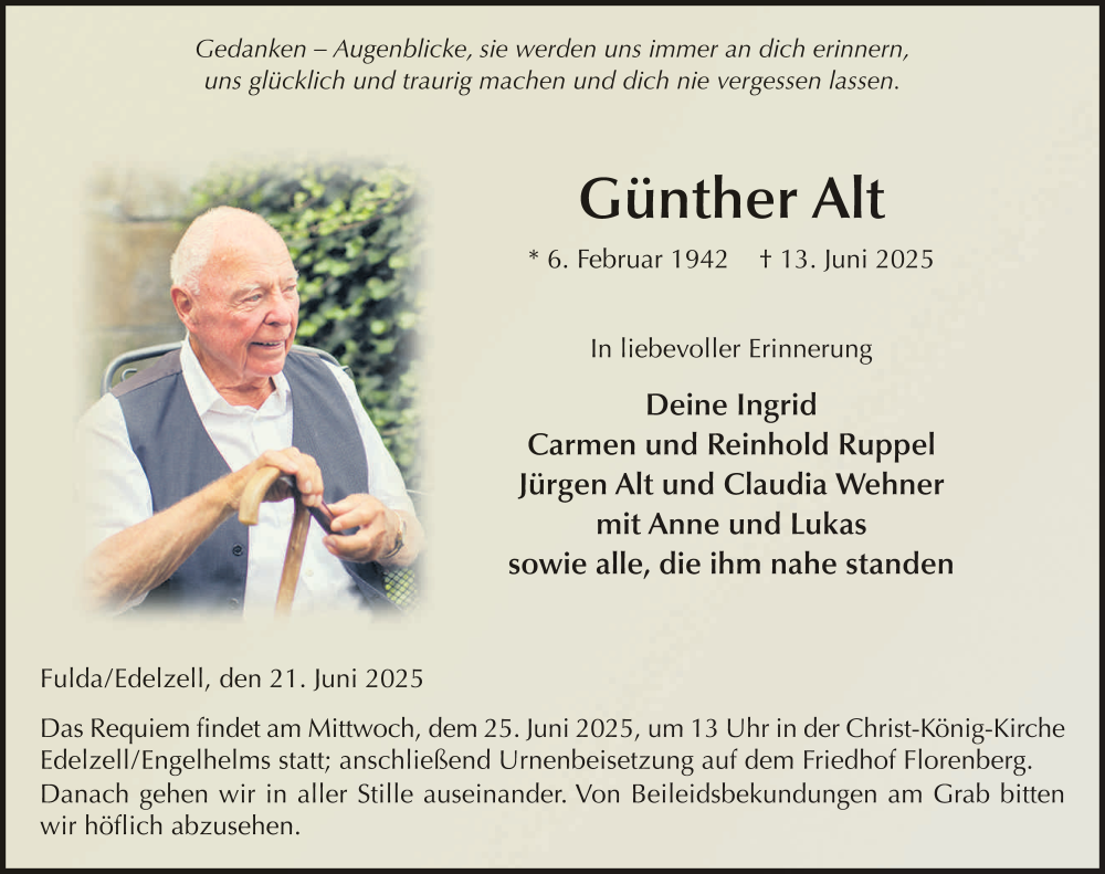  Traueranzeige für Günther Alt vom 21.06.2025 aus FZ