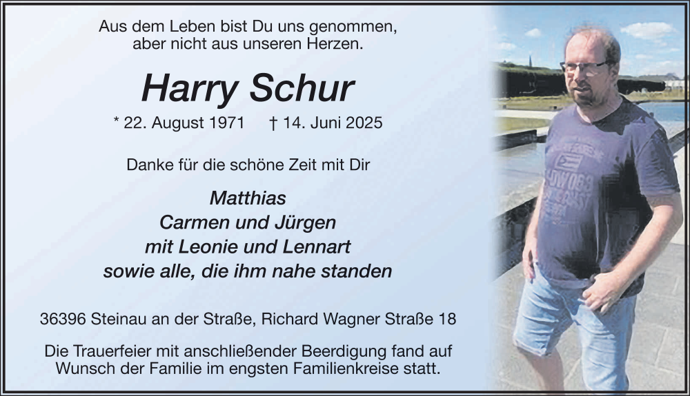  Traueranzeige für Harry Schur vom 28.06.2025 aus FZ