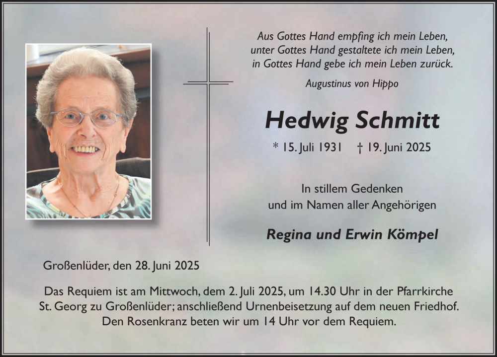  Traueranzeige für Hedwig Schmitt vom 28.06.2025 aus FZ