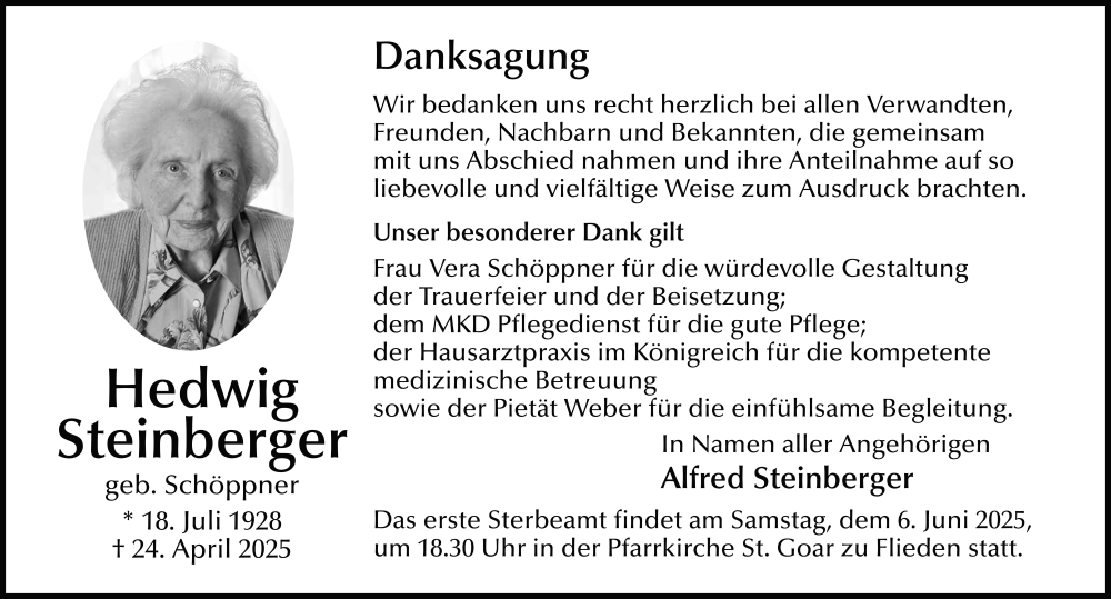  Traueranzeige für Hedwig Steinberger vom 06.06.2025 aus FZ