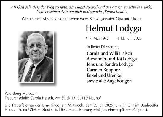 Traueranzeige von Helmut Lodyga von FZ