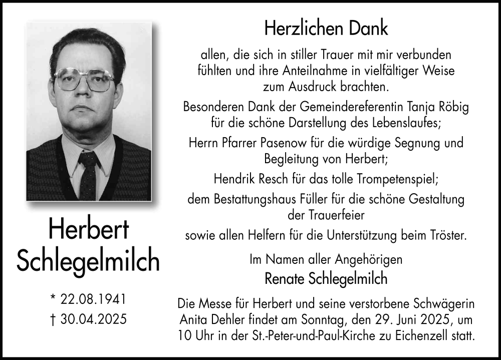  Traueranzeige für Herbert Schlegelmilch vom 27.06.2025 aus FZ
