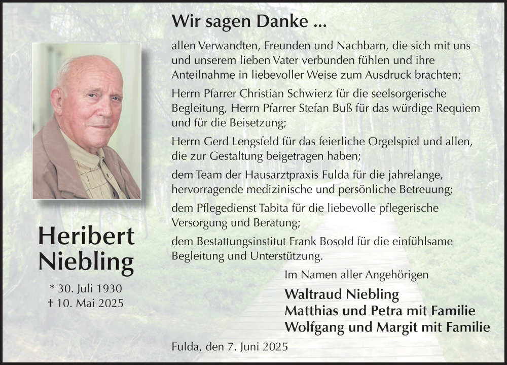  Traueranzeige für Heribert Niebling vom 07.06.2025 aus FZ
