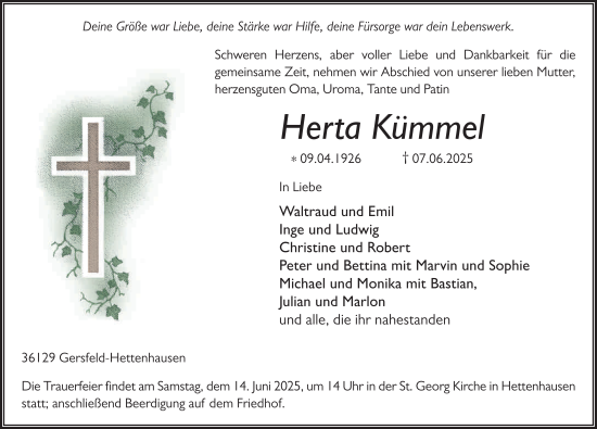 Traueranzeige von Herta Kümmel von FZ